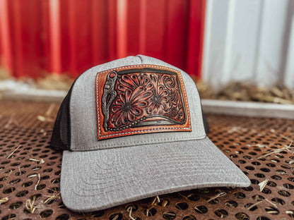 Bridle Bit and Daisy Tooled Leather Patch Cap