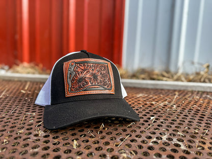 Bridle Bit and Daisy Tooled Leather Patch Cap
