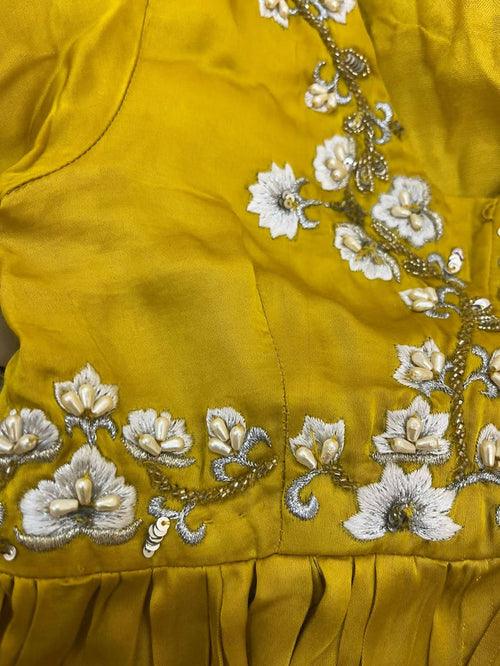 Elegant pure crepe lehenga set for baby girls with hand-thread work and accessories; stylish kurta-pyjama set for baby boys, perfect for festive occasions.