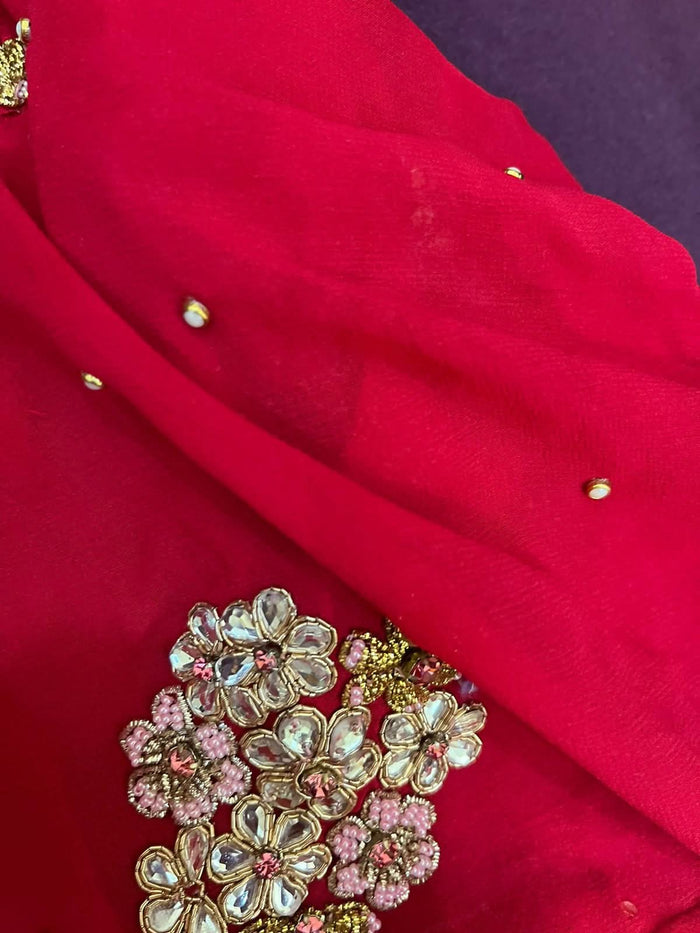 Pure georgette lehenga set for baby girls with handwork butti and matching accessories, plus a stylish baby boy kurta-pyjama set for festive elegance.