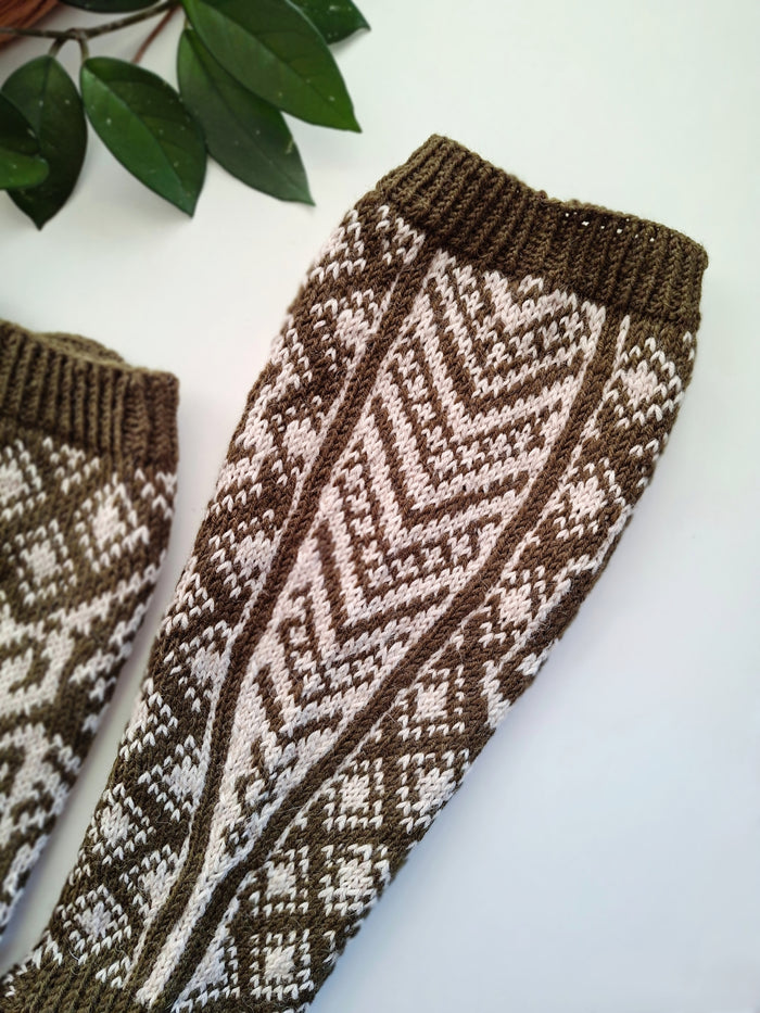 Pair of brown and white patterned socks on a light background with green leaves.