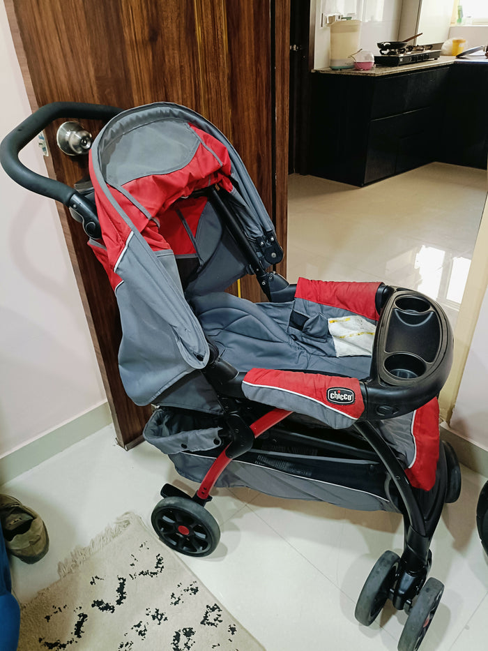 Chicco Cortina Baby Stroller with comfortable reclining seat, protective canopy, safety harness, smooth wheels, foldable frame, and spacious storage basket for convenient everyday outings with babies and toddlers.