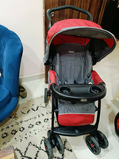 Chicco Cortina Baby Stroller with comfortable reclining seat, protective canopy, safety harness, smooth wheels, foldable frame, and spacious storage basket for convenient everyday outings with babies and toddlers.