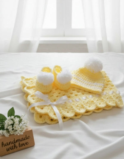 Childsafe Acrylic Yarn Handmade Cap, Booties and Blanket Set