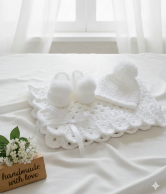 Childsafe Acrylic Yarn Handmade Cap, Booties and Blanket Set