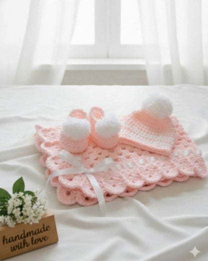 Childsafe Acrylic Yarn Handmade Cap, Booties and Blanket Set
