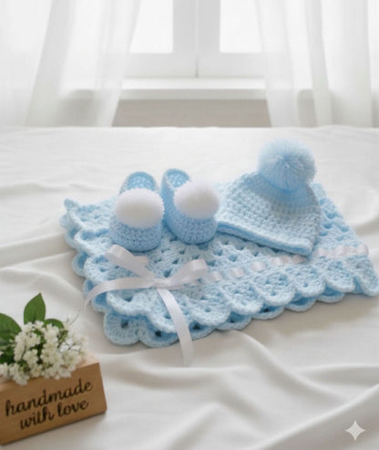 Childsafe Acrylic Yarn Handmade Cap, Booties and Blanket Set