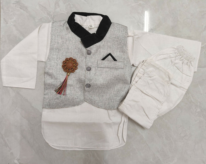 Cotton Black and White Kurta Pajama with Nehru Jacket for Boys