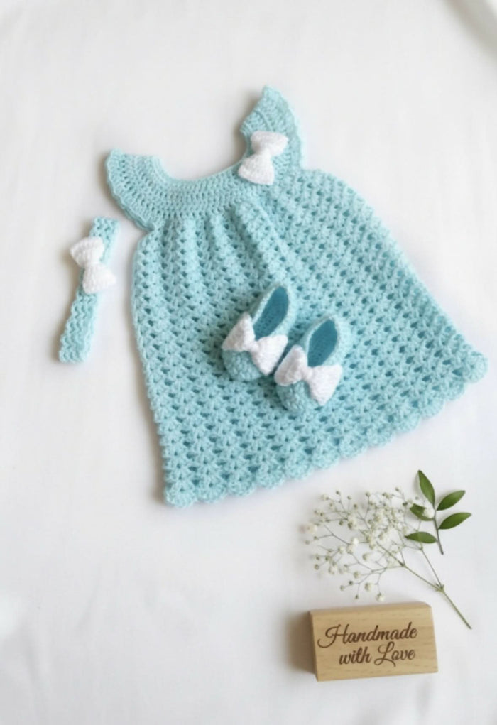 Crochet baby girl frock, headband and shoes set