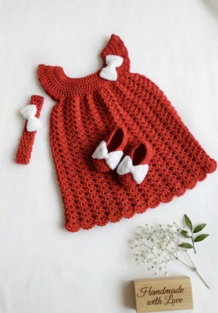 Crochet baby girl frock, headband and shoes set