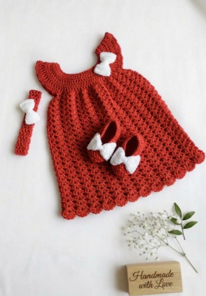 Crochet baby girl frock, headband and shoes set