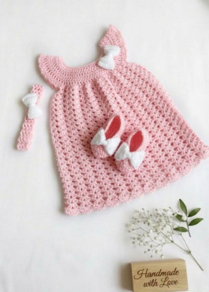Crochet baby girl frock, headband and shoes set