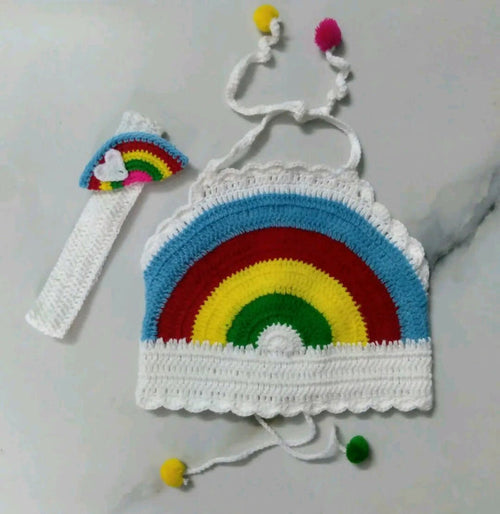 Crocheted rainbow-patterned top with colorful accents