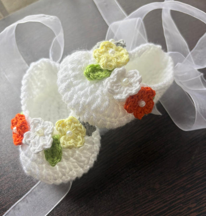 Crochet Baby Shoes With Multi Colour Flowers