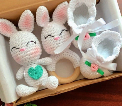 Crochet Bunny Soft Toy Set – 6” Handmade Bunny with Rattle & Shoes