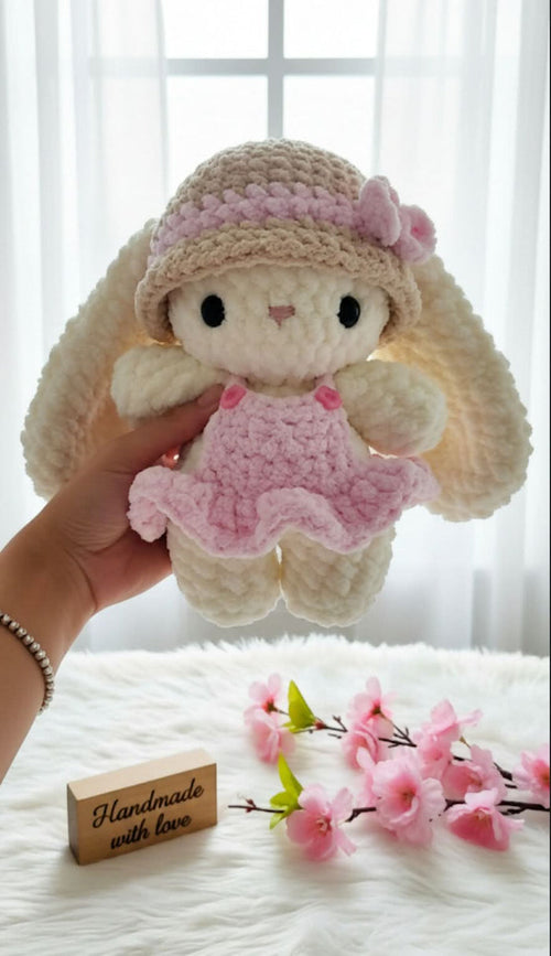 Crochet bunny with long ears and hat