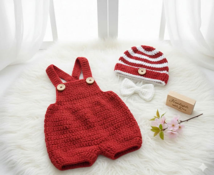 Crochet christmas baby romper, beanie and bow set