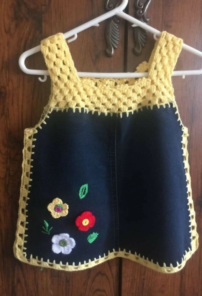Crochet denim dress for kids – stylish, comfy, and beautifully handcrafted for your little star.