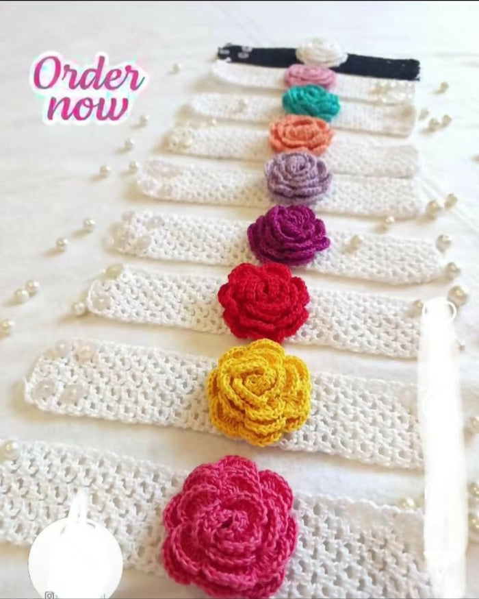 Colorful crocheted flower headbands on a white background with 'Order now' text.