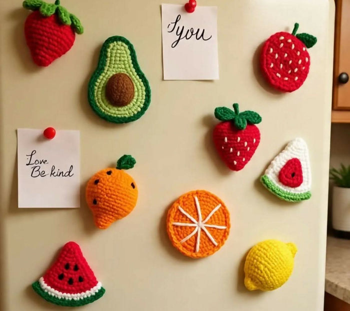 Crochet fridge magnets – colorful, handcrafted charm to brighten your kitchen space.