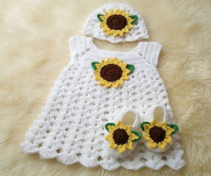 Crochet Frock / Dress with Cute Beanie & Shoes