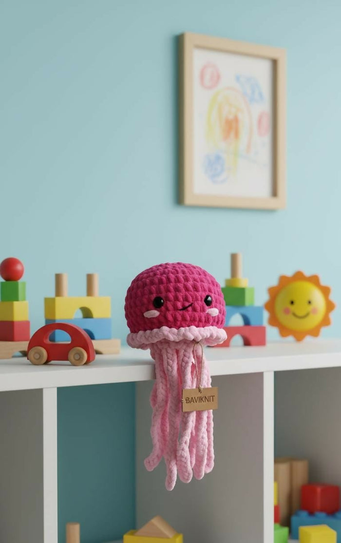 Pink crochet jellyfish toy on a shelf with colorful toys and a framed picture in the background.