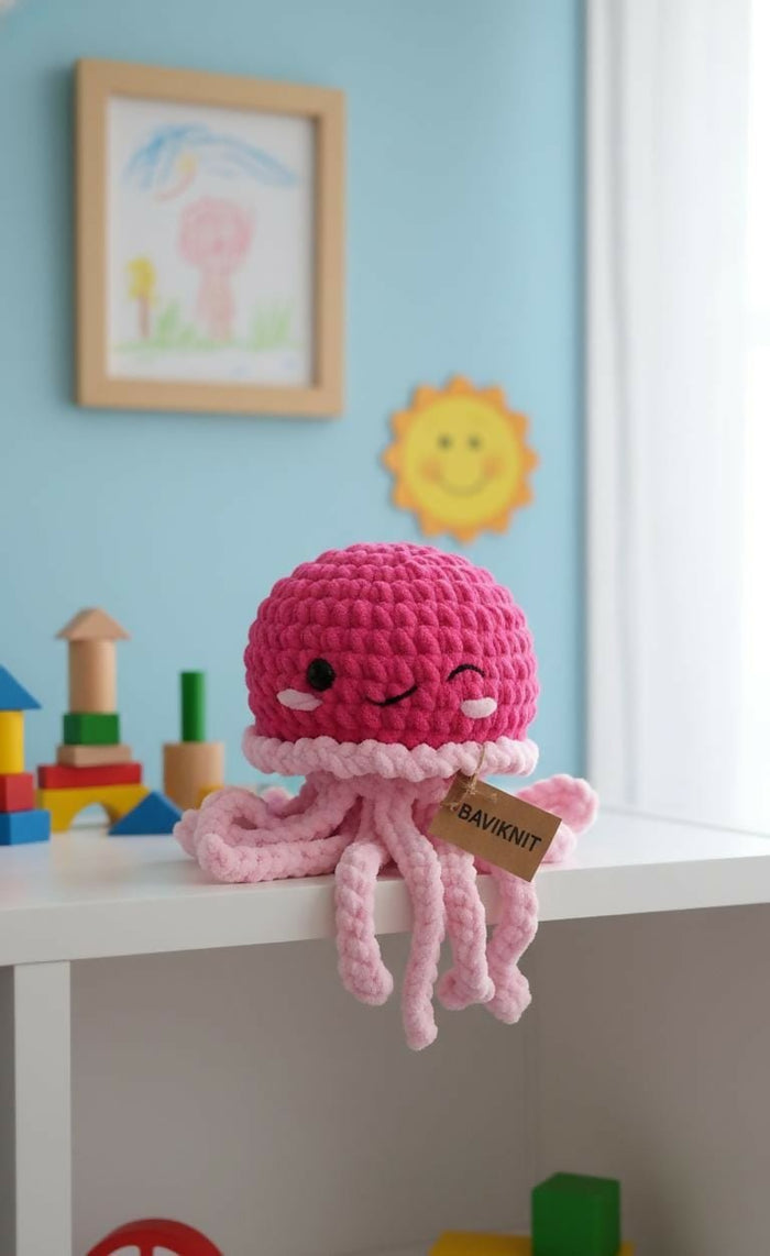 Pink crochet octopus toy on a shelf with colorful toys and a framed picture in the background.