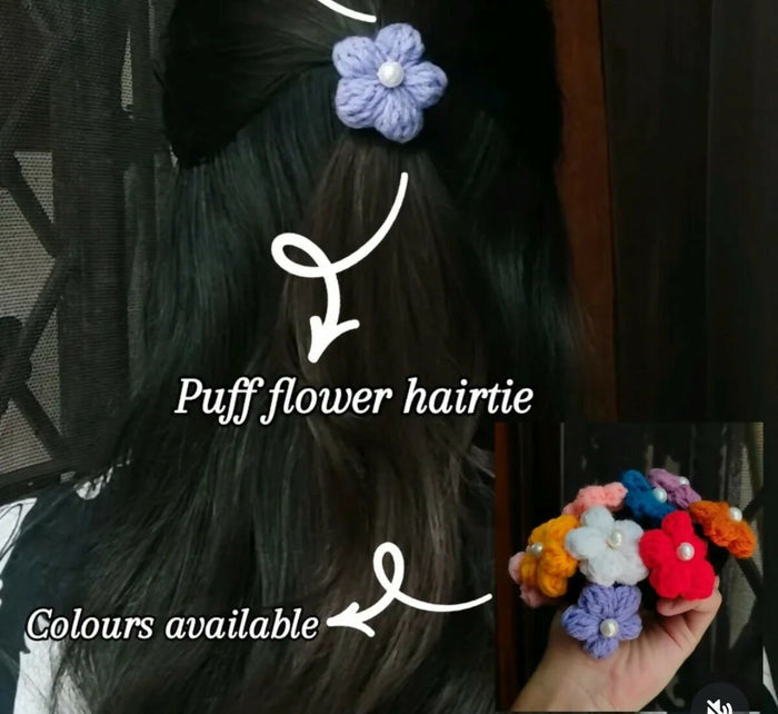 Crochet Puff/Pearl  Flower Rubber Band