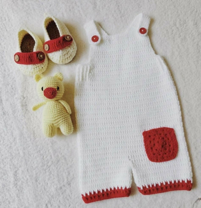 Crochet Romper, Booties & Bear Set
