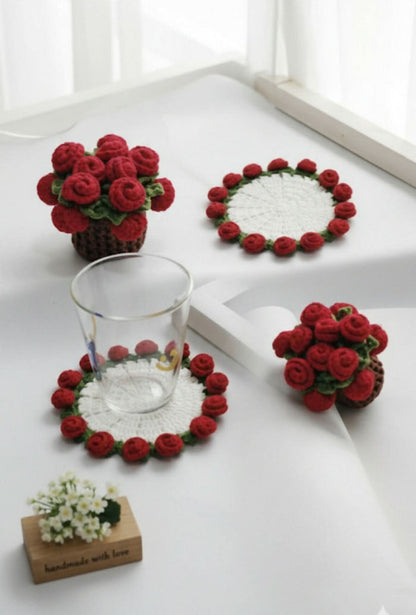 Crochet Rose Flower Coaster with Tiny Basket Set of 6