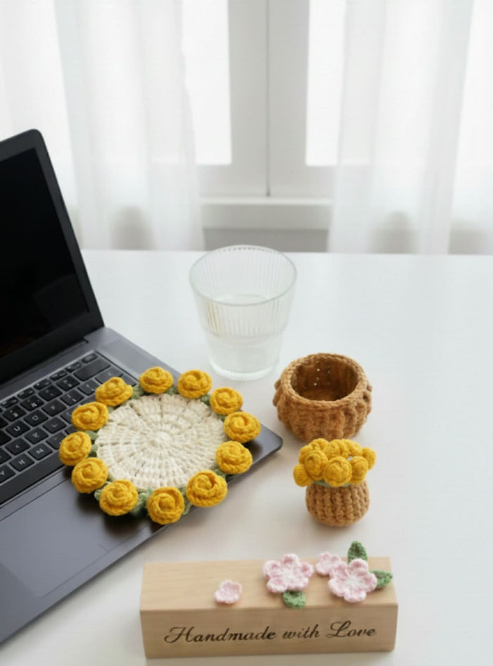 Crochet Rose Flower Coaster with Tiny Basket Set of 6
