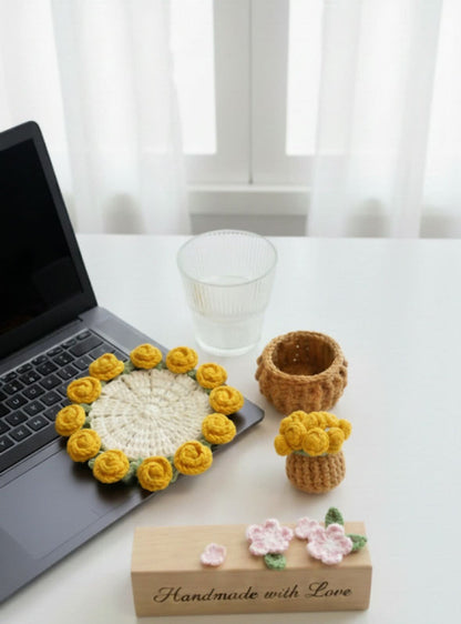 Crochet Rose Flower Coaster with Tiny Basket Set of 6