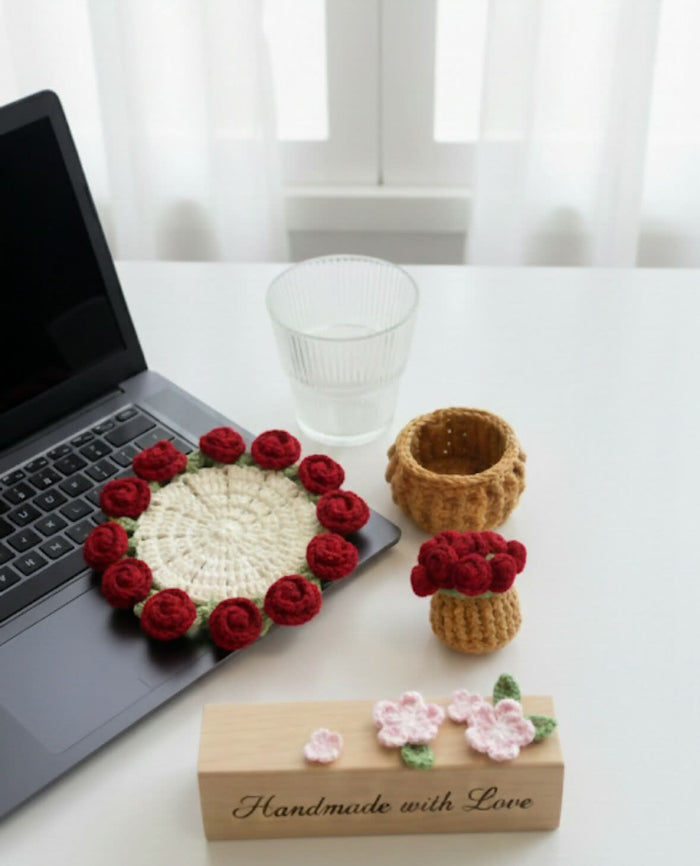 Crochet Rose Flower Coaster with Tiny Basket Set of 6