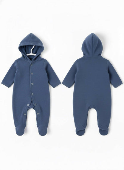 Blue baby onesie with hood shown from front and back