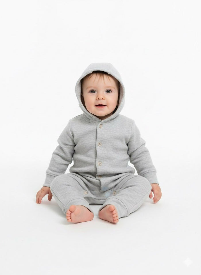 Baby wearing a gray onesie with a hood