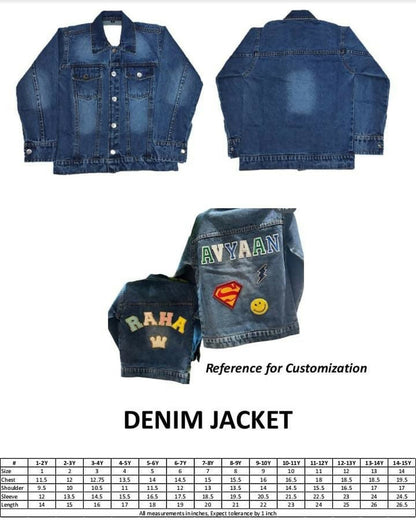 Denim jacket with customization options and size chart on a white background