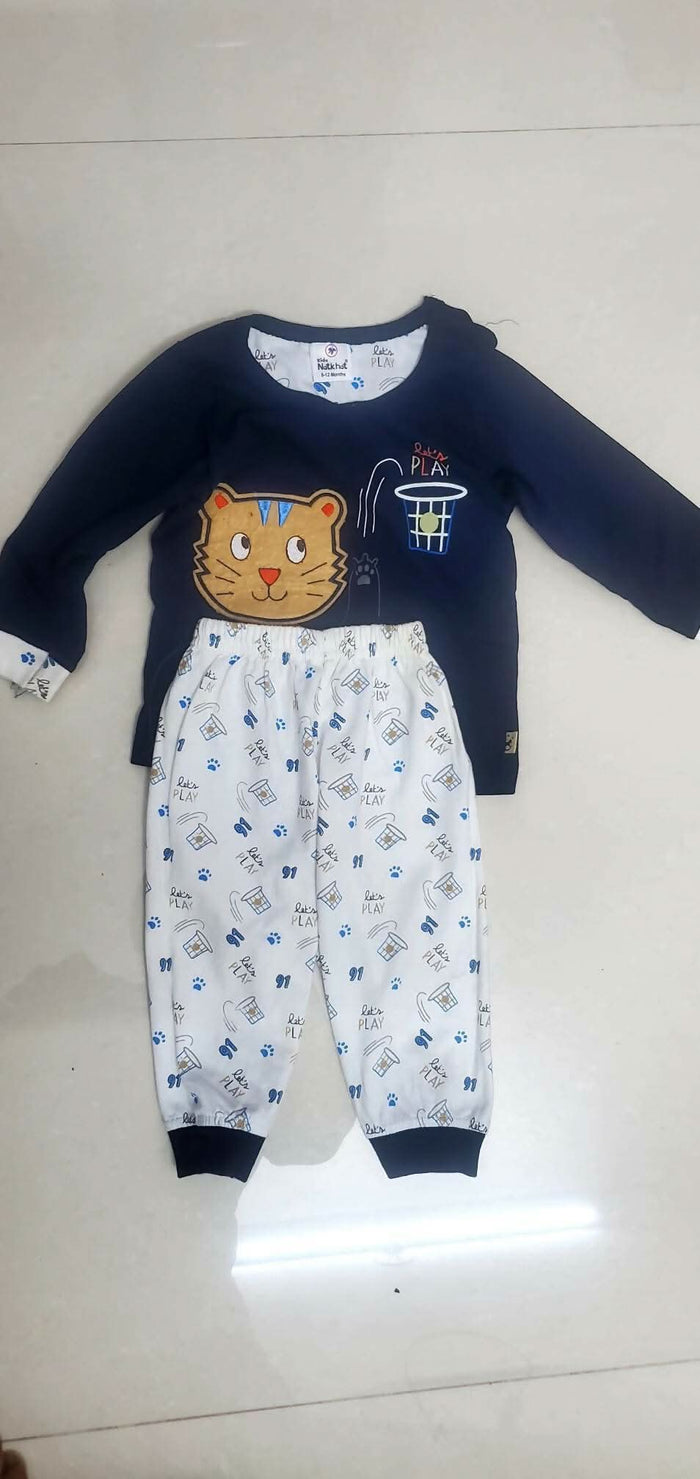 Dark Blue Cotton Full Sleeves T-shirt and Pant - PyaraBaby