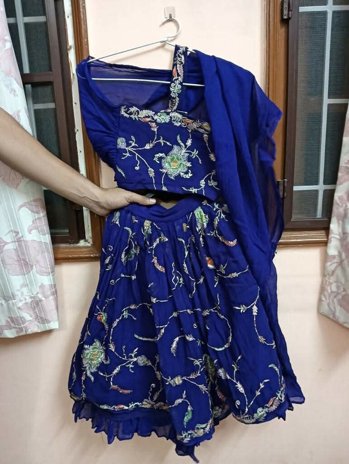 Dark Blue Ghagra with Blouse and Attached Dupatta - PyaraBaby