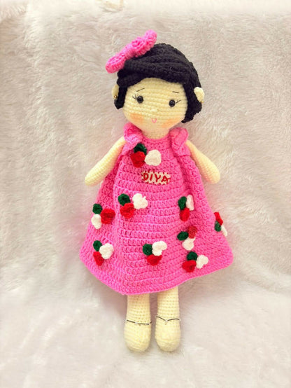 Personalised baby doll with soft hair and custom name embroidery – perfect gift for infants and toddlers.