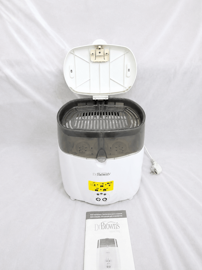 Dr. Brown's Deluxe electric steam bottle sterilizer with BPA-free construction, 6-bottle capacity, and spacious compartments for bottles, nipples, pacifiers, and baby feeding accessories.
