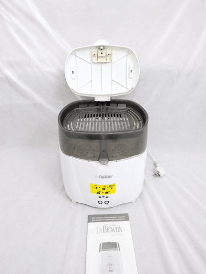Dr. Brown's Deluxe electric steam bottle sterilizer with BPA-free construction, 6-bottle capacity, and spacious compartments for bottles, nipples, pacifiers, and baby feeding accessories.