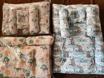 Soft imported baby pillow bedding set with elephant and space-themed prints, cushioned sides, and comfortable support for newborn babies.