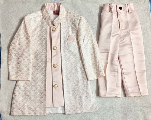 Elegant Cream & Pink Traditional Party Wear Set for 1-year-old baby boy featuring a festive ethnic design, comfortable fabric, stylish detailing, and coordinated pieces for weddings, birthdays, and celebrations.