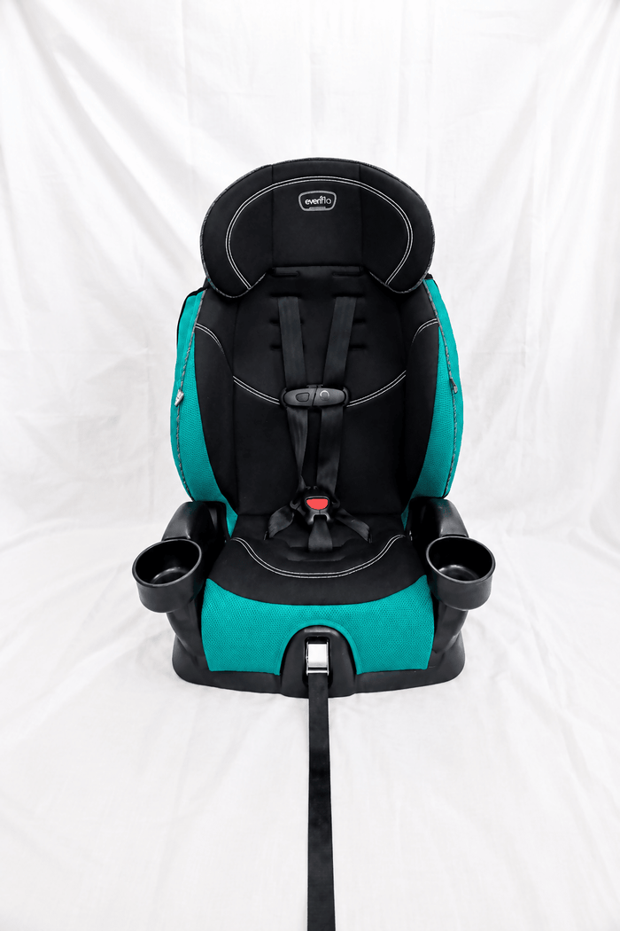 Evenflo Chase LX 2-in-1 harness booster car seat with high-back booster mode, 5-point safety harness, adjustable head support, side-impact protection, and cushioned seating for growing children.