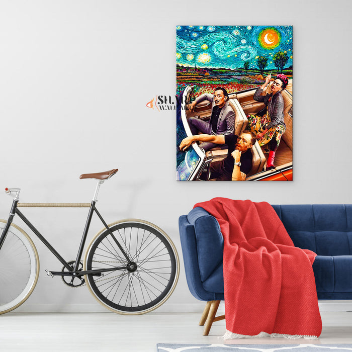 Frida Dali Van Gogh In Car Starry Night Canvas Wall Art
