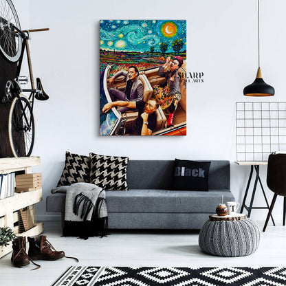 Frida Dali Van Gogh In Car Starry Night Canvas Wall Art