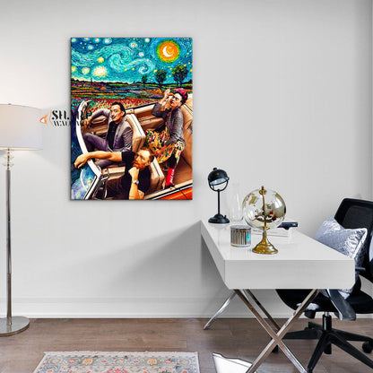 Frida Dali Van Gogh In Car Starry Night Canvas Wall Art