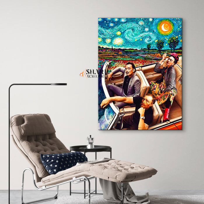 Frida Dali Van Gogh In Car Starry Night Canvas Wall Art
