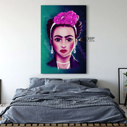 Frida Kahlo And Purple Flowers Cartoon Character Canvas Wall Art