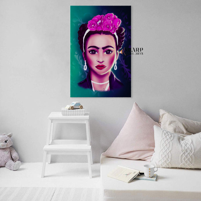 Frida Kahlo And Purple Flowers Cartoon Character Canvas Wall Art